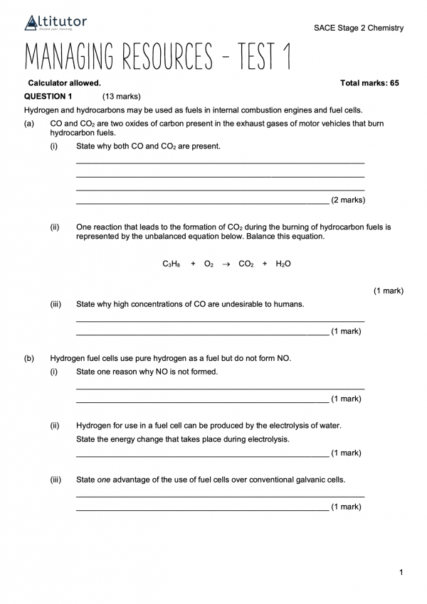 SACE Chemistry test 1